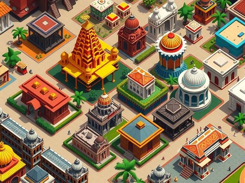 Gattu City Builder game screenshot showing a bustling Indian city with temples and modern buildings